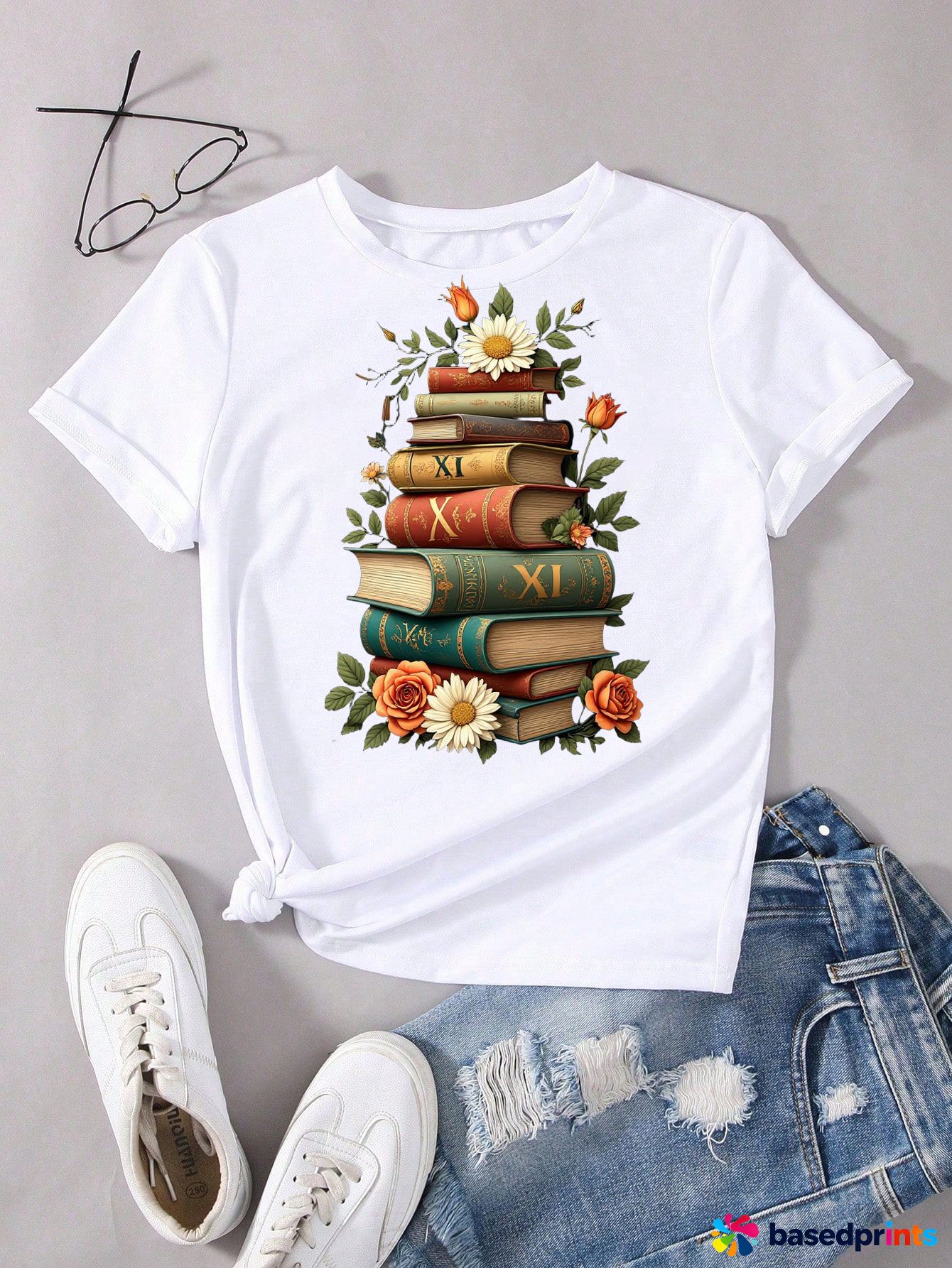 Vintage Books and Flowers Print T-Shirt Women Casual Short Sleeve Tshirt Tops