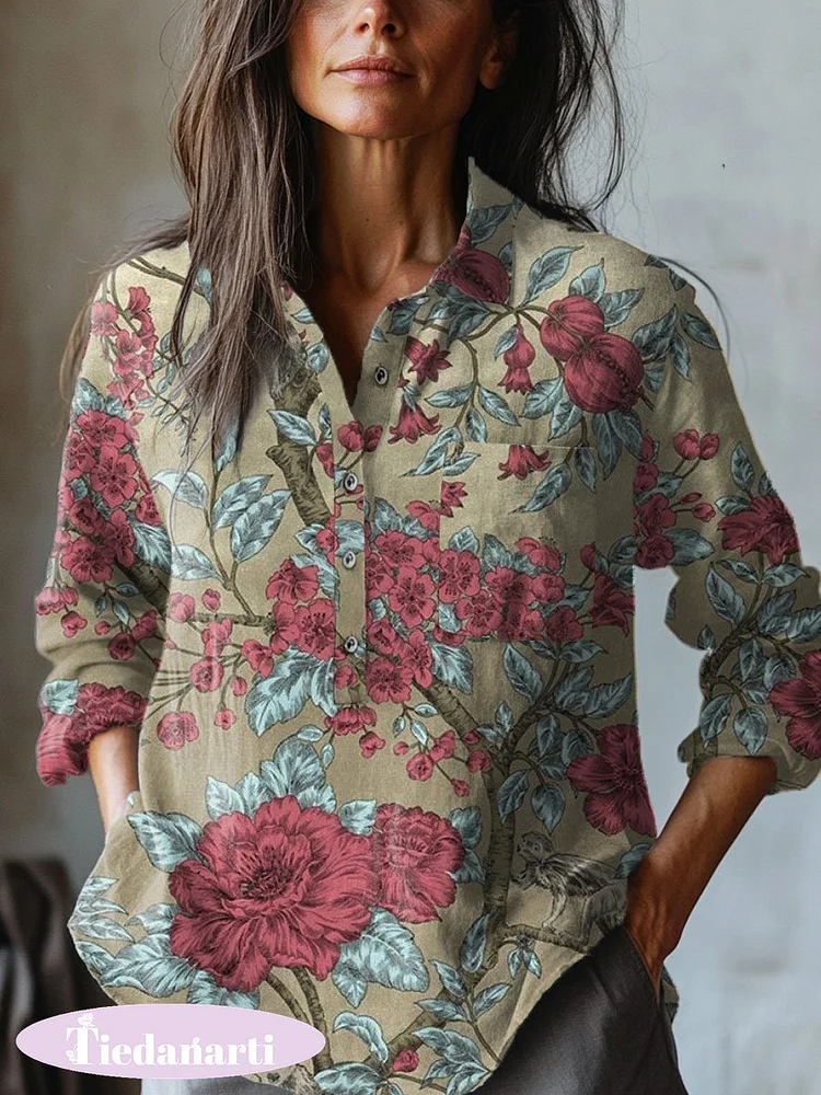 Women's   Floral  Art Print Casual Cotton And Linen Shirt