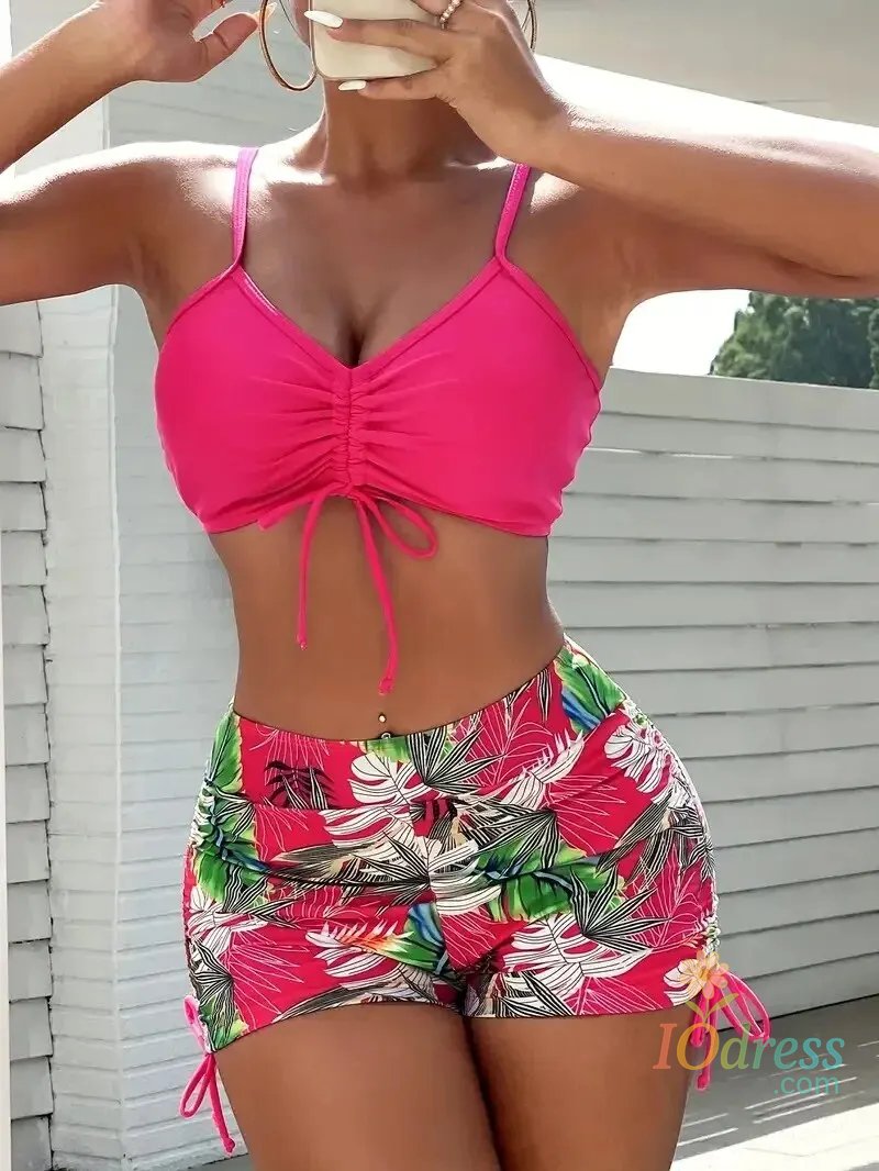 IO Dress Tropical Leaf Print V-Neck High Waist Bikini Set Two Piece Swimsuits Women's Swimwear and Clothing biquinis mujer