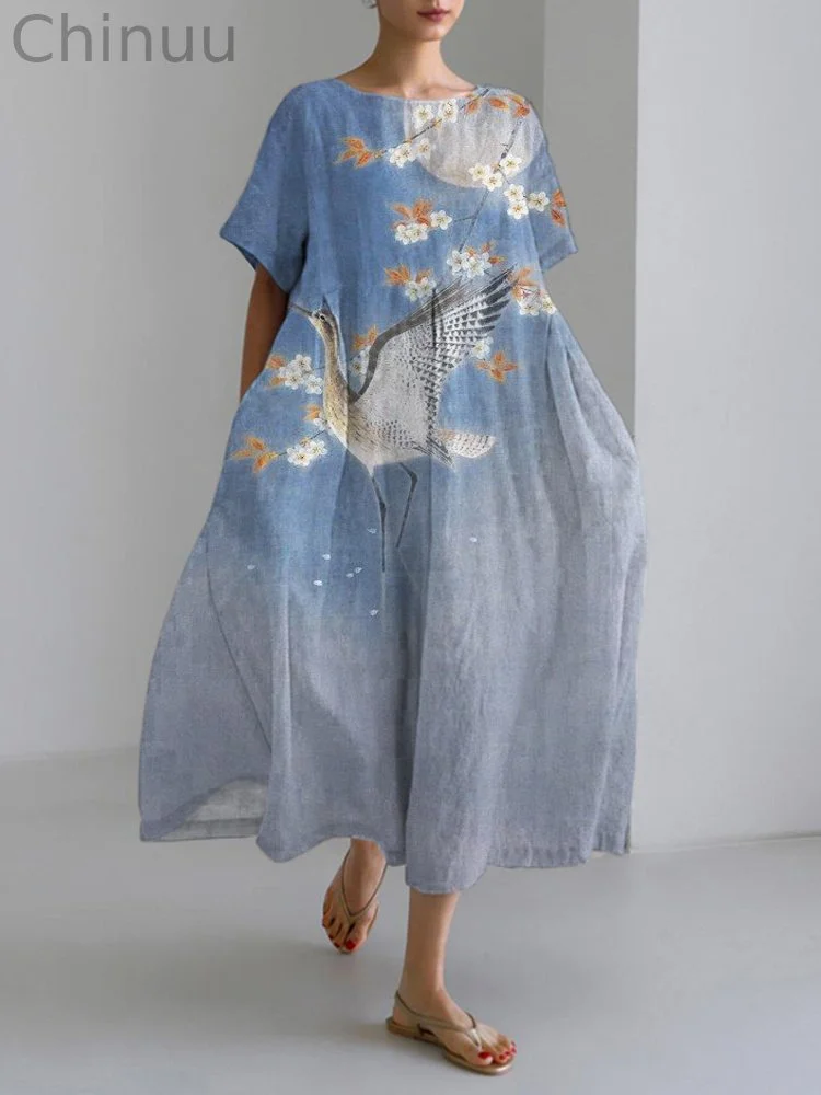 Flower & Crane Japanese Print Linen Maxi Dress