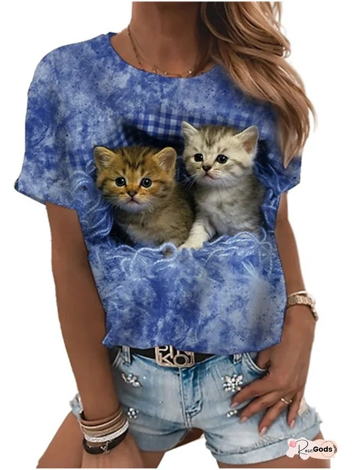 Retro Cartoon Cat Puppy Cute 3D Print Round Neck Short Sleeve T-shirt Women's S M L XL 2XL 3XL 4XL 5XL