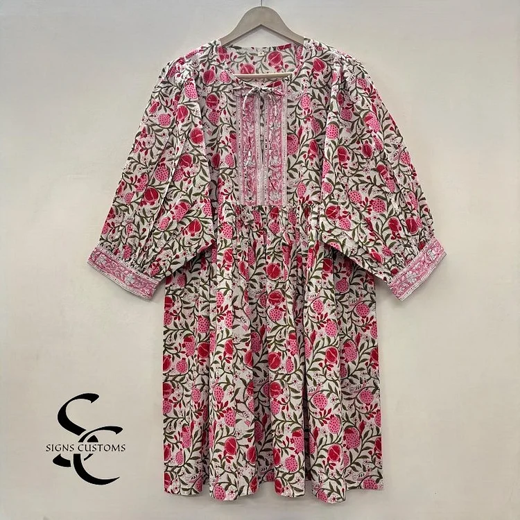 Pink Floral Block Print Soft Cotton Summer Woman Midi Dress &ndash; Tunic for Women with String Closure