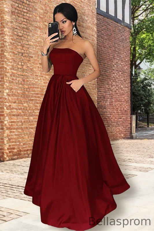 Bellasprom Strapless Burgundy Prom Dress With Pockets Long Bellasprom