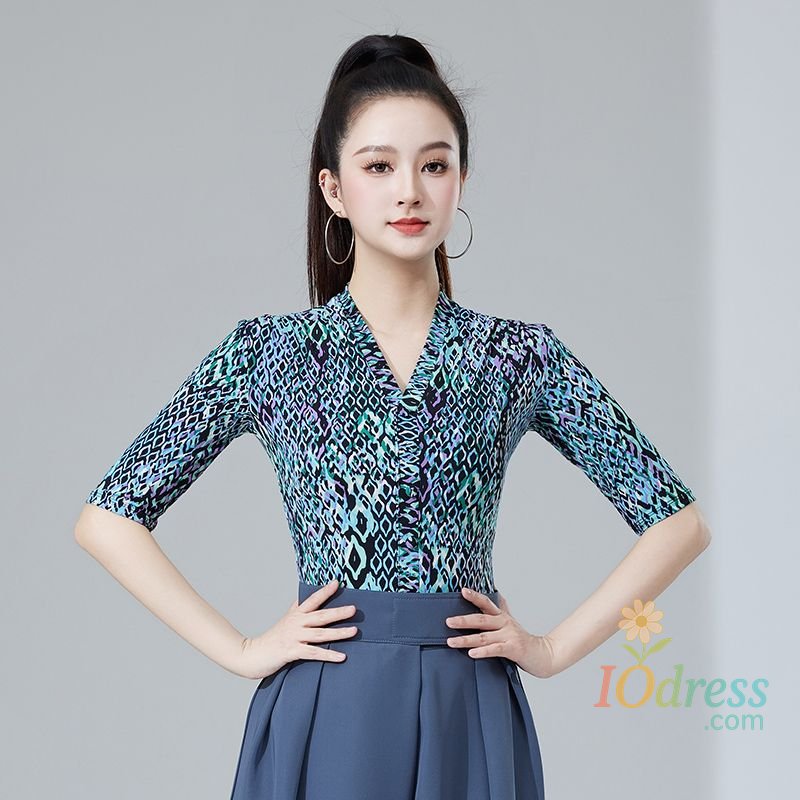 IO Dress Latin Dance One-piece Top Female Adult Modern Dance V-neck Leopard Print Practice  Performance Costume Ballroom Dance