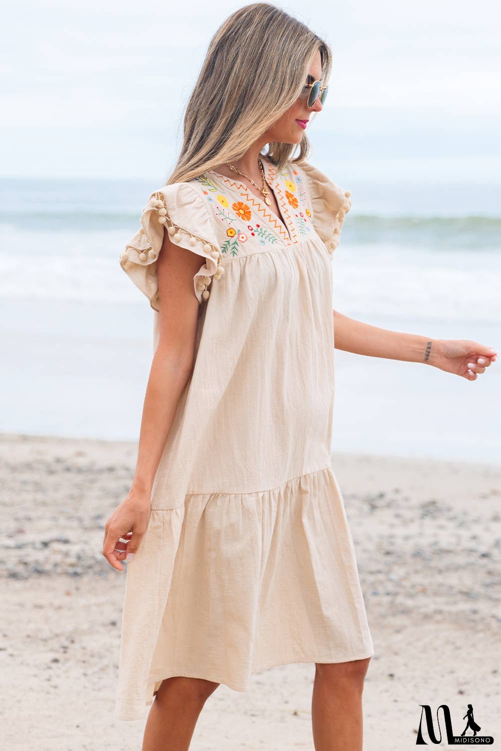 Floral Embroidered Ruffle Sleeve Spring Dress