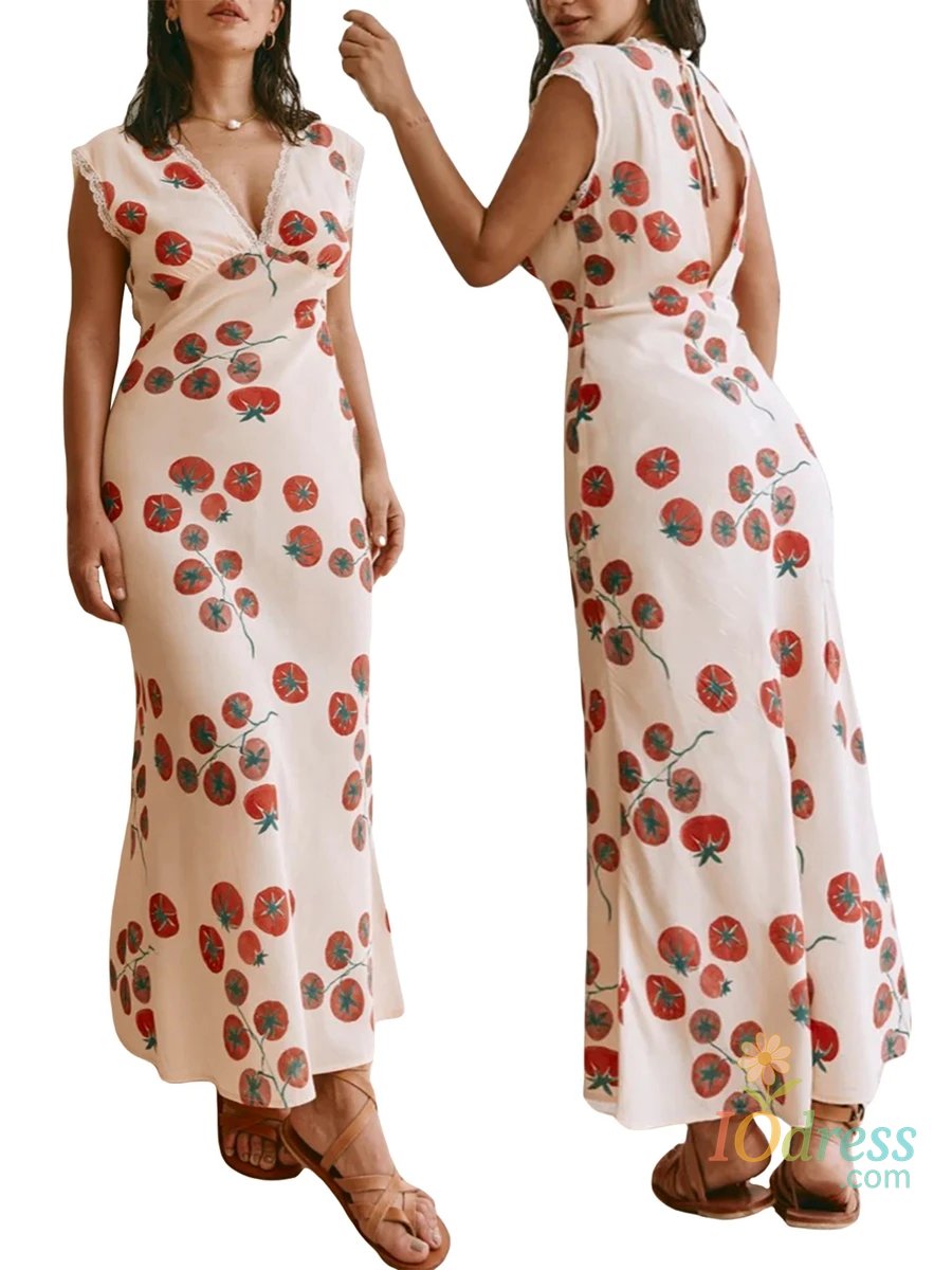 IO Dress Women Floral Print Long Dress Summer Backless Lace-Up V-neck Sleeveless Bodycon Elegant Party Straps Dresses Vacation Beach