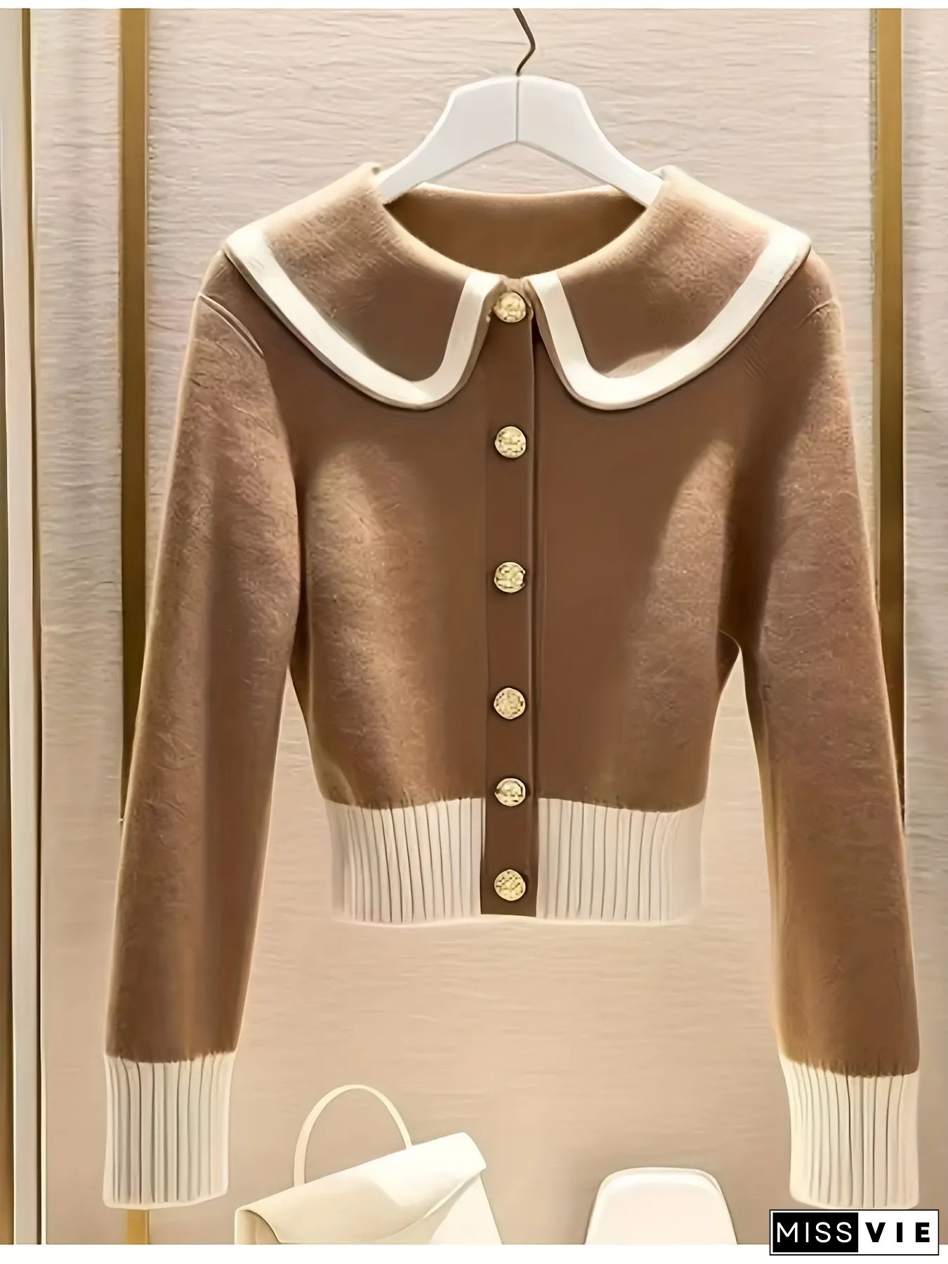Womens Chic Brown Sweater-Elegant Button-Front Closure-All-Season Layering Piece