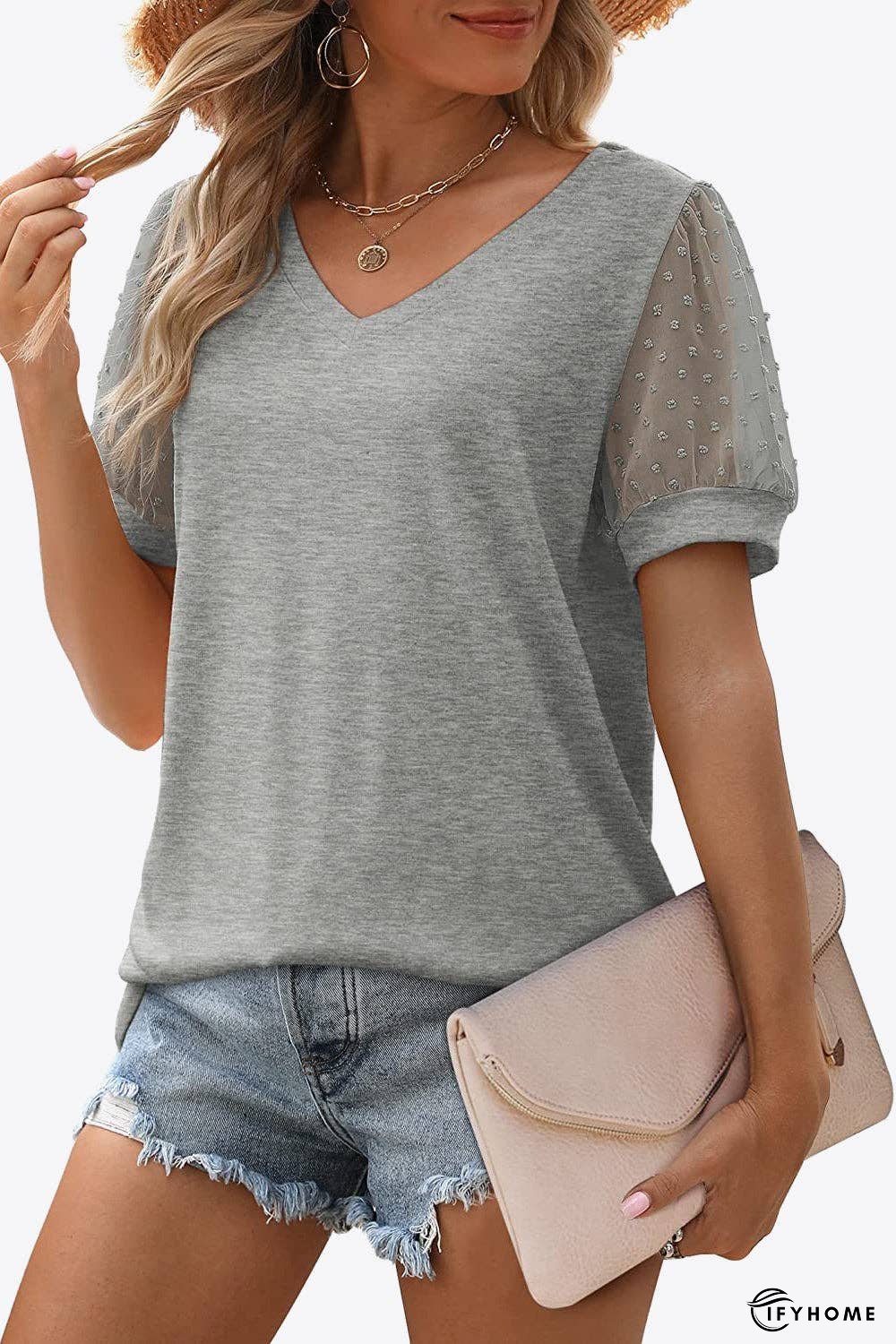 Swiss Dot Puff Sleeve V-Neck Tee | IFYHOME