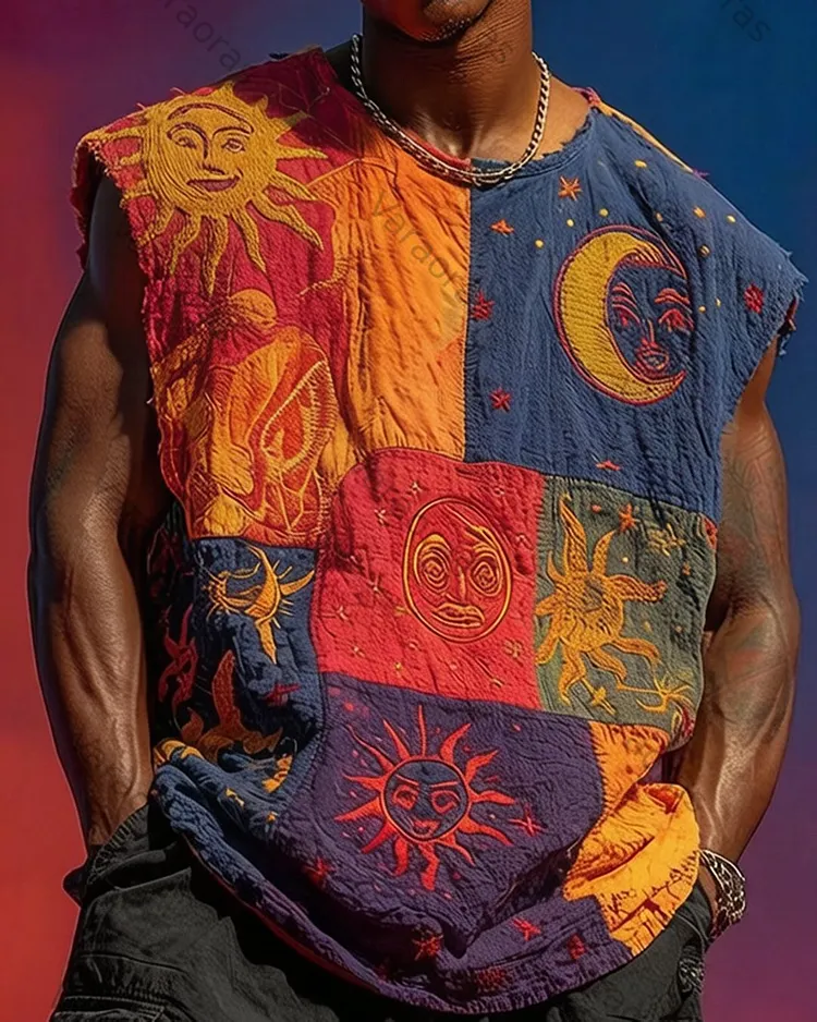 Men's Color-Blocked Star and Moon Embroidered Sleeveless Top 5368