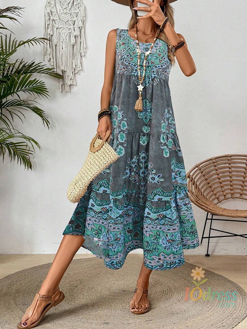 IO Dress 2025 New Women's print Crew-neck Loose sleeveless dress - Comfortable and breathable resort style beach casual IO Dress