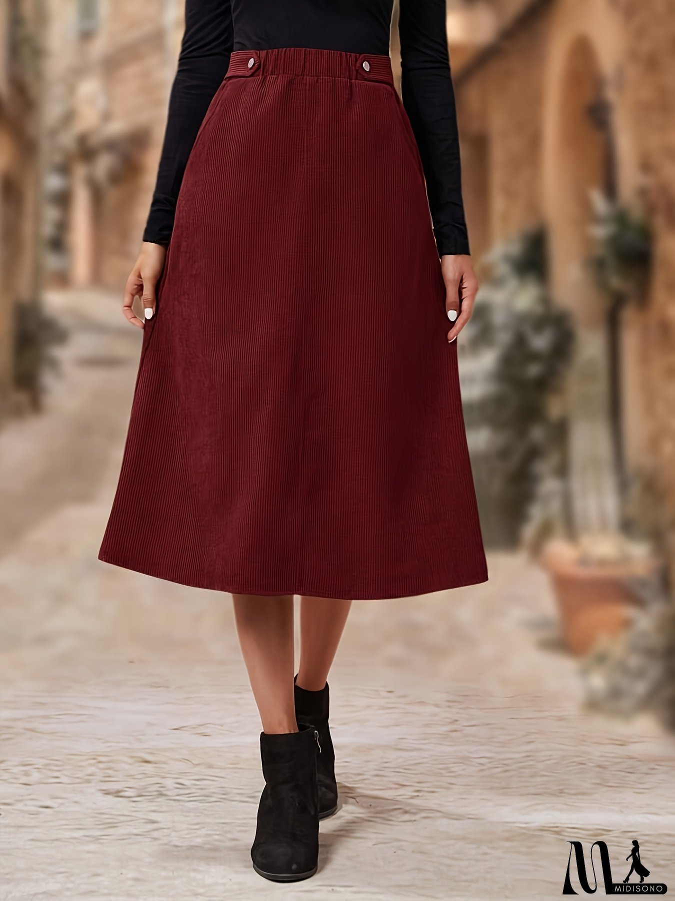 Elegant High-Waist Corduroy A-Line Skirt with Slant Pockets - Machine Washable, Non-Stretch Polyester - Perfect for Spring/Summer/Fall