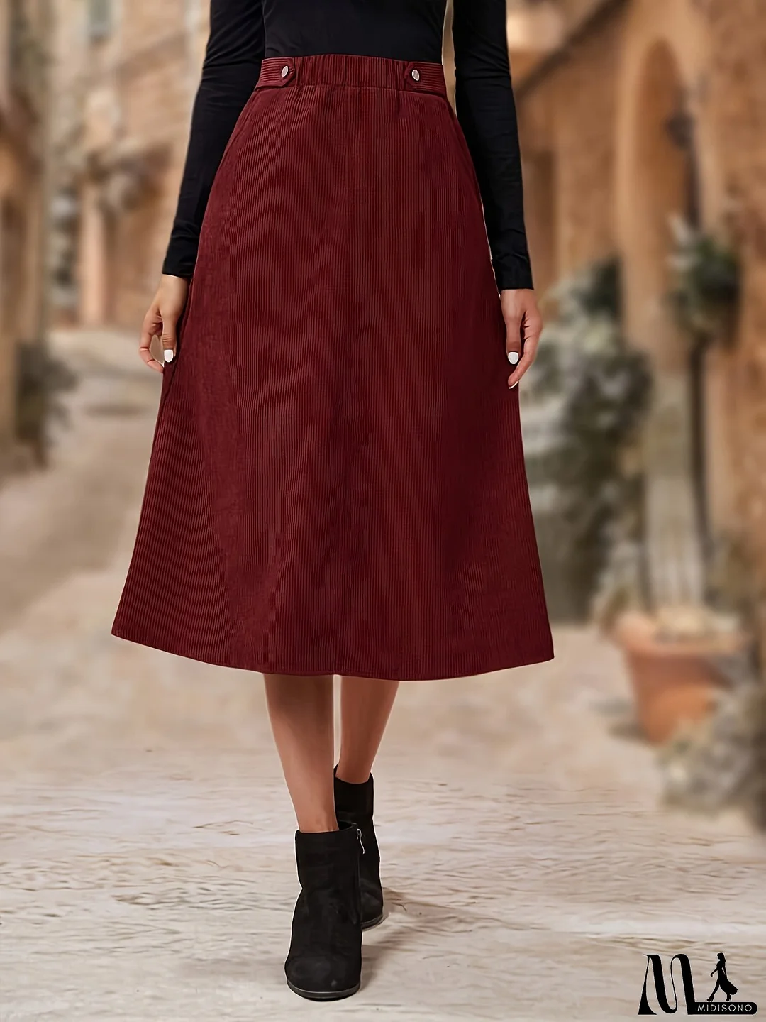 Elegant High-Waist Corduroy A-Line Skirt with Slant Pockets - Machine Washable, Non-Stretch Polyester - Perfect for Spring/Summer/Fall