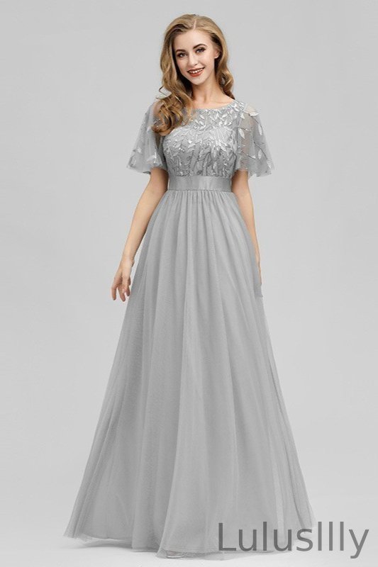 Stunning Short Sleeve Ruffles Appliques Tulle Evening Prom Dress - lulusllly