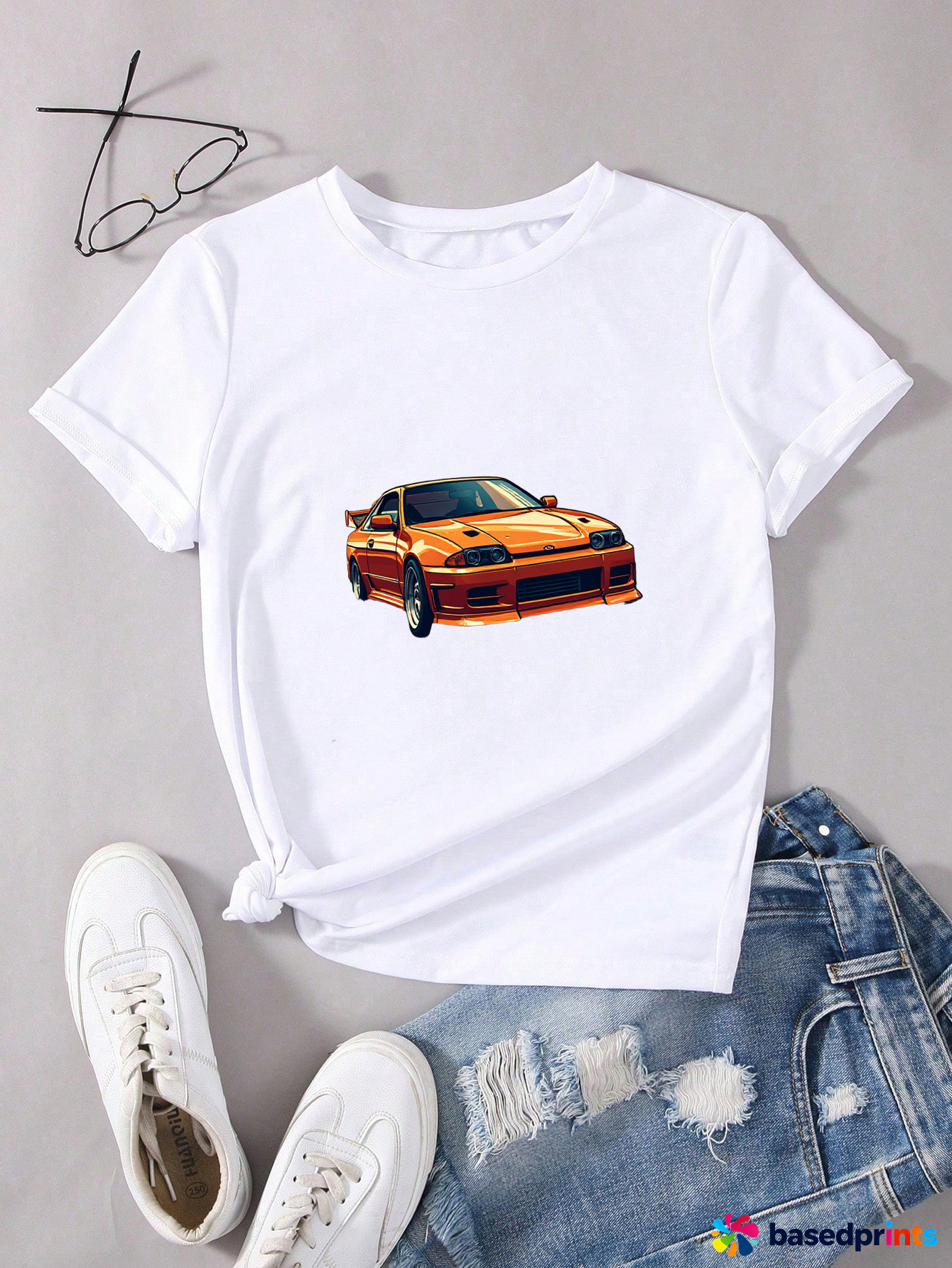 White Car Print T-Shirt Women Casual Short Sleeve Tops Tee