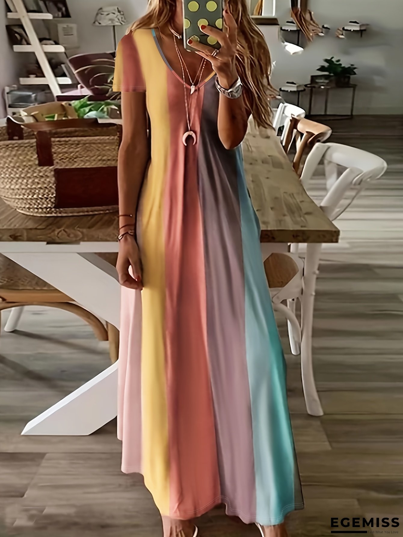 Women's Colorful Striped Maxi Dress - V-Neck, Short Sleeve, Flowy A-Line Skirt For Spring/Summer, Perfect For Vacation, Party, Or Casual Wear, Casual Summer Dress | Vibrant Striped Dress | Polyester Fabric | EGEMISS