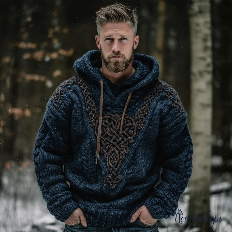 Men's Vintage Viking Celtic Knot Art Jacquard Chunky Knitted Cozy Hooded Sweater