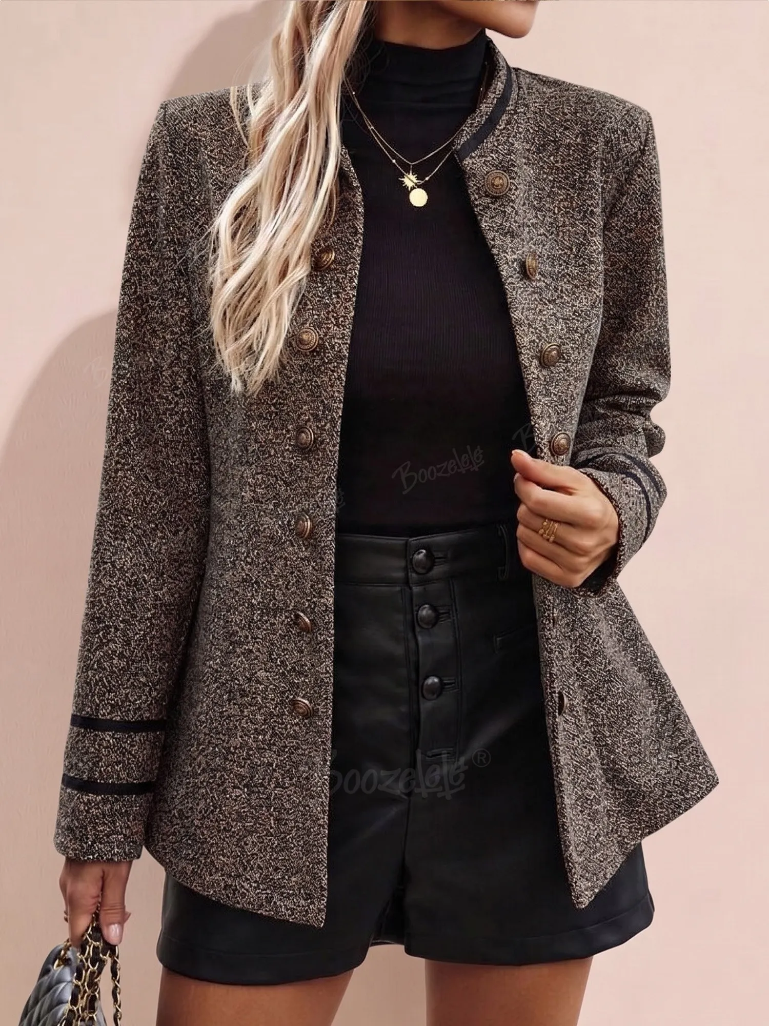 Western Style &mdash; Women's Double-Breasted Metal-Button Textured Tweed Jacket