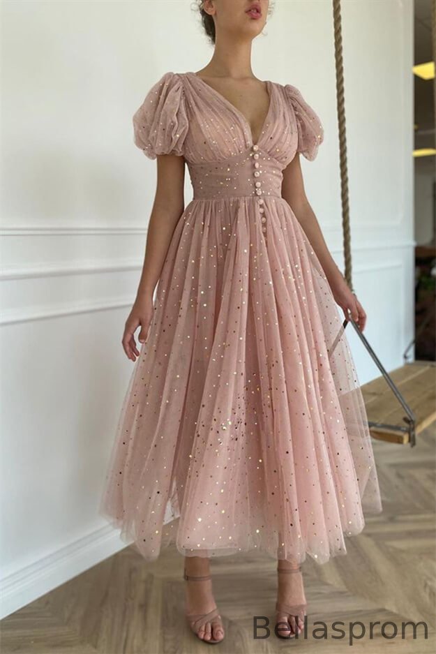 Bellasprom Dusty Pink Short Sleeves Evening Dress Tulle V-Neck With Sequins Button Bellasprom