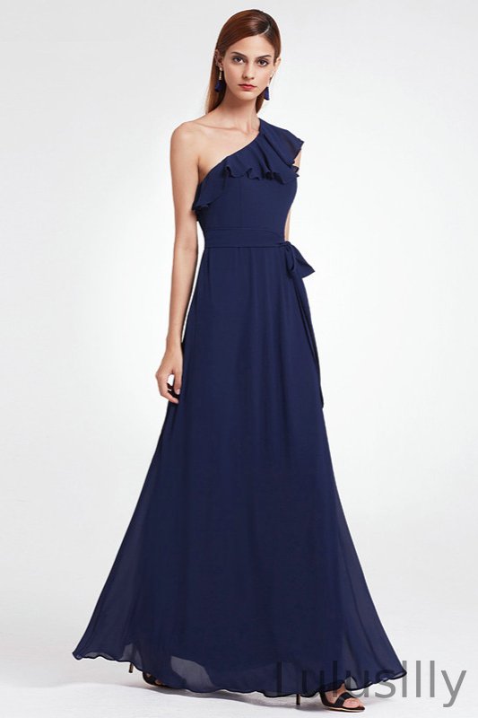 Navy Blue One Shoulder Mermaid Ruffles Long Evening Prom Dress - lulusllly