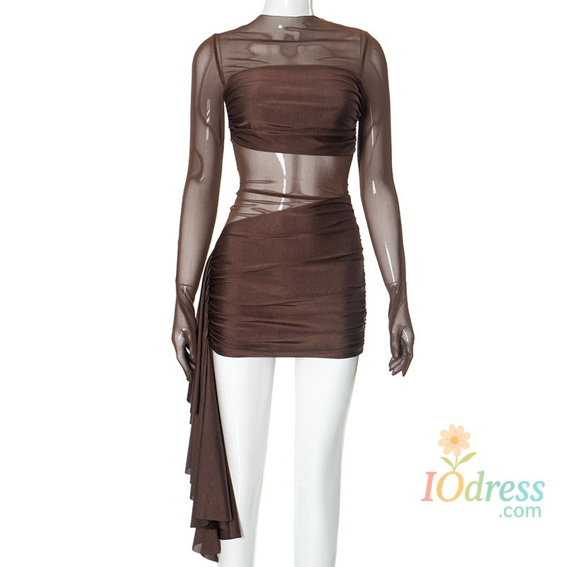 IO Dress Mesh See Through Irregular Women Mini Dress Outfit Autumn Winter Y2K Streetwear Long Sleeve Bodycon Dresses Sexy Party Club Gift