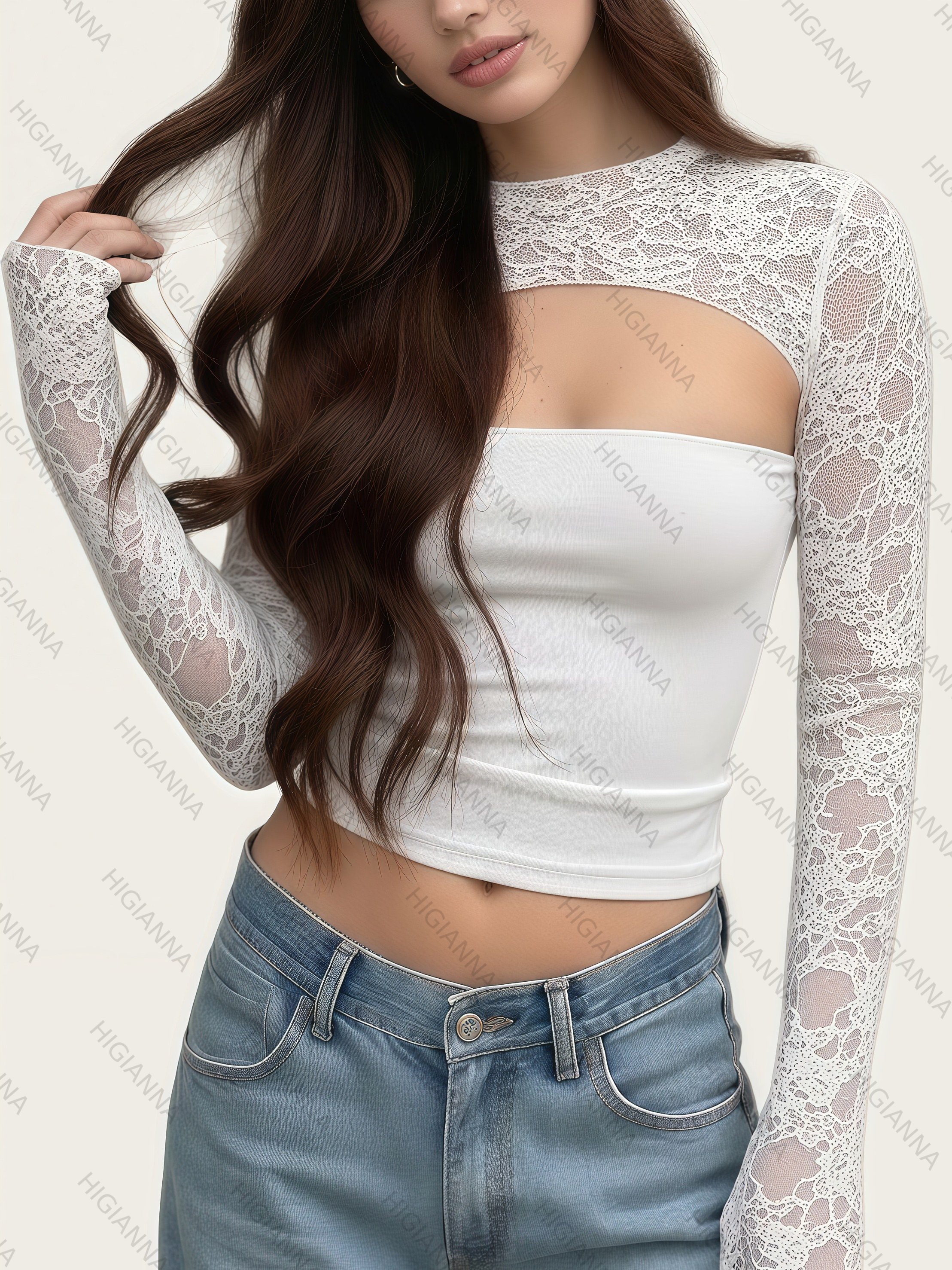 Lace Long-Sleeve Cutout Strapless Top - HIGIANNA&reg;