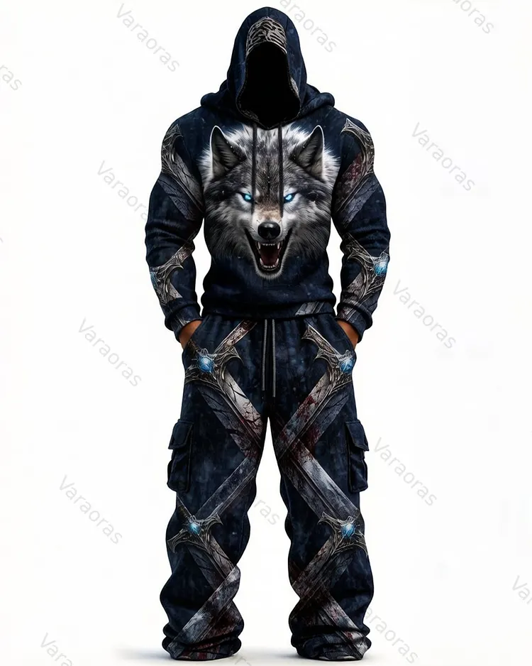(Short Set) Men's Fashion Viking Contrast Color Embroidered Hoodie & Pants Two-Piece Set 1120