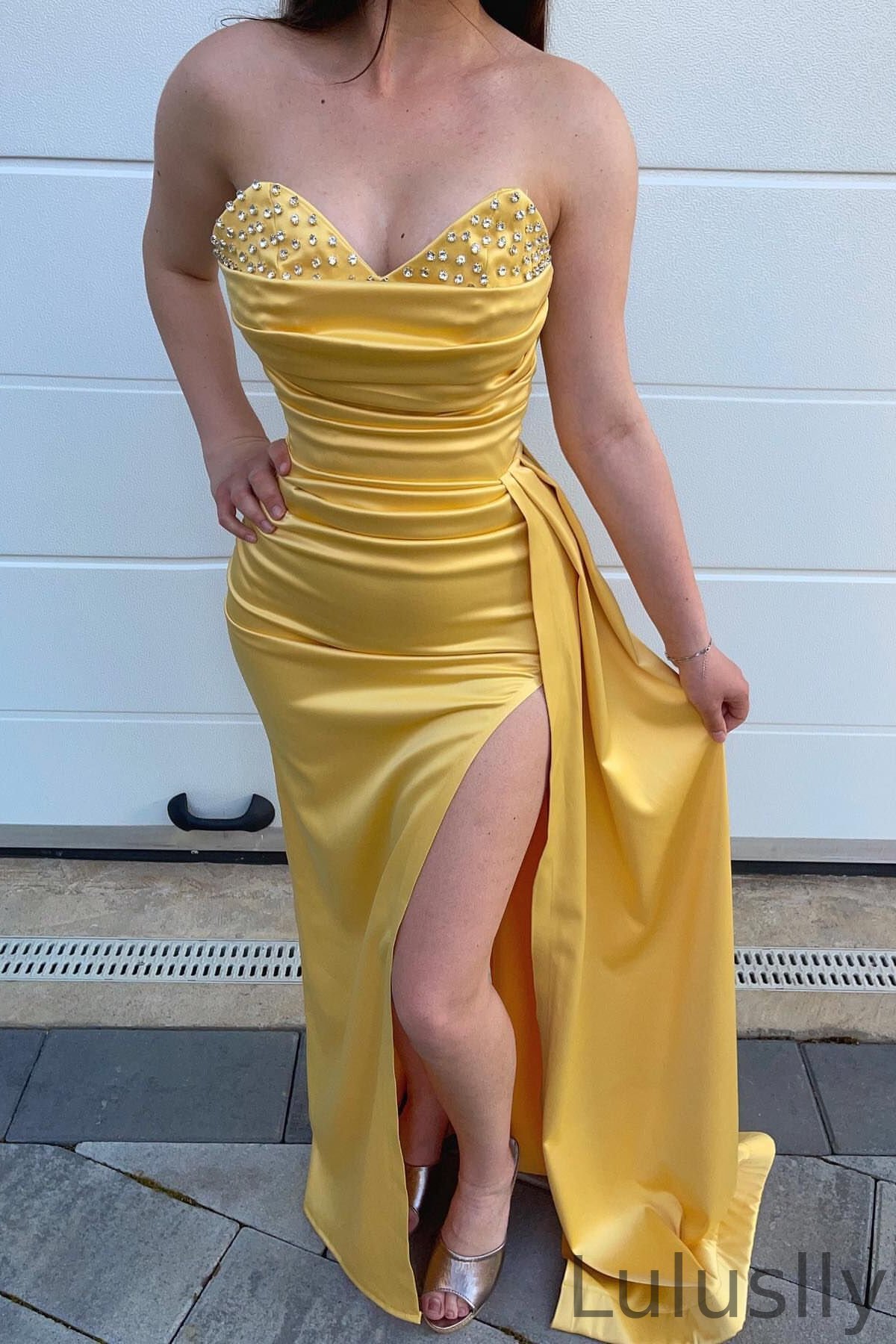 Luluslly Sweetheart Yellow Mermaid Long Prom Dress With Beads Split