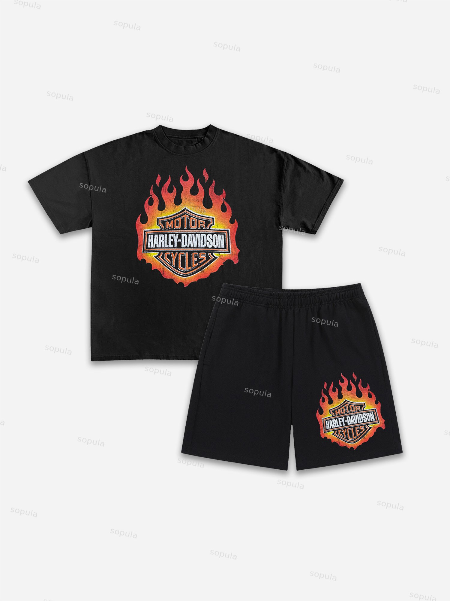 Sopula Vintage Flames Harley Davidson 90s Graphic T-shirt & Shorts Two Piece Set