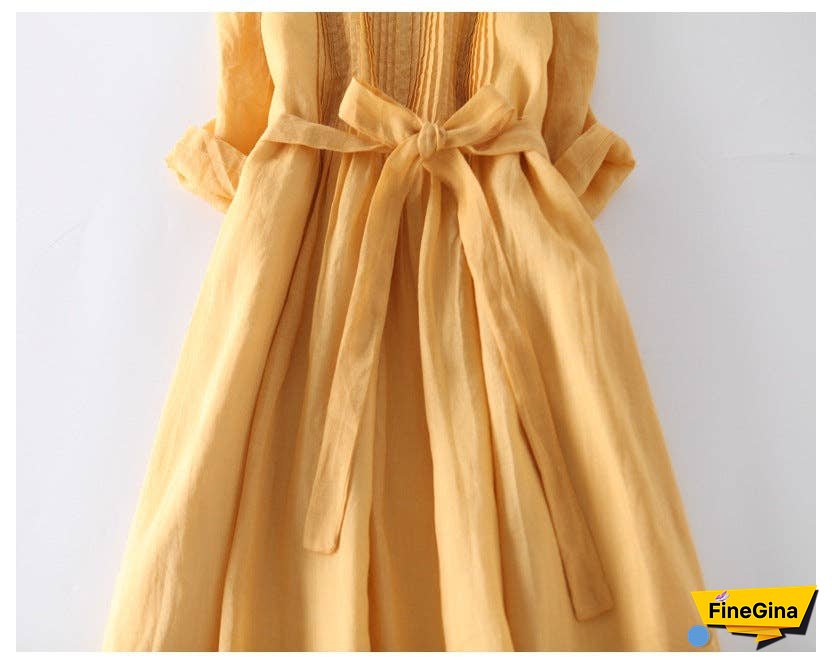 Loose Cotton Linen Tie Three Quarter Sleeve Dress