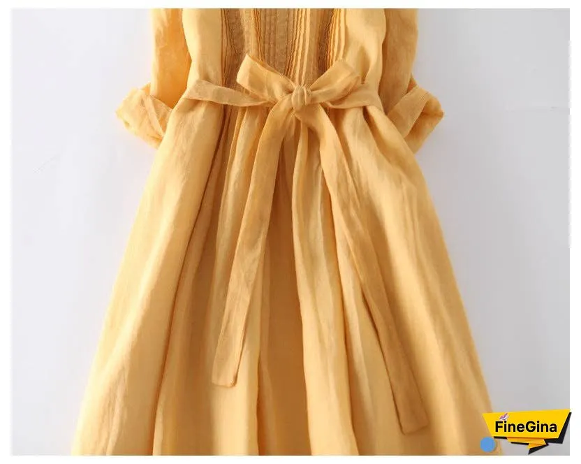 Loose Cotton Linen Tie Three Quarter Sleeve Dress