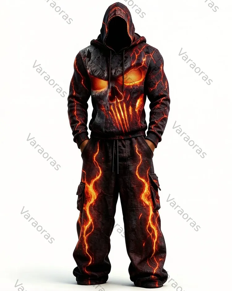 Men's Fashion Skull Contrast Color Embroidered Hoodie & Pants Two-Piece Set 6869