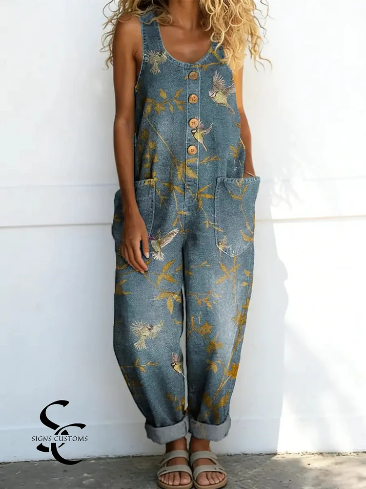 Women's Vintage Floral Birds Pattern Art Print Casual Cotton Denim Jumpsuit