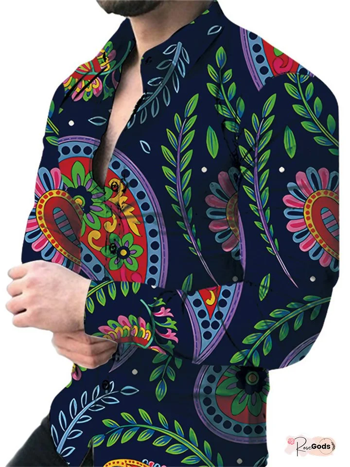 New Men's Casual Slim Fashion 3D Printing Long-sleeved Shirt