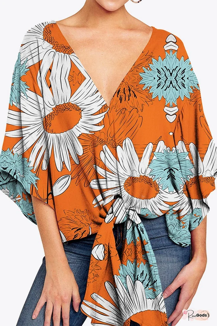 Printed Deep V Tie Hem Blouse