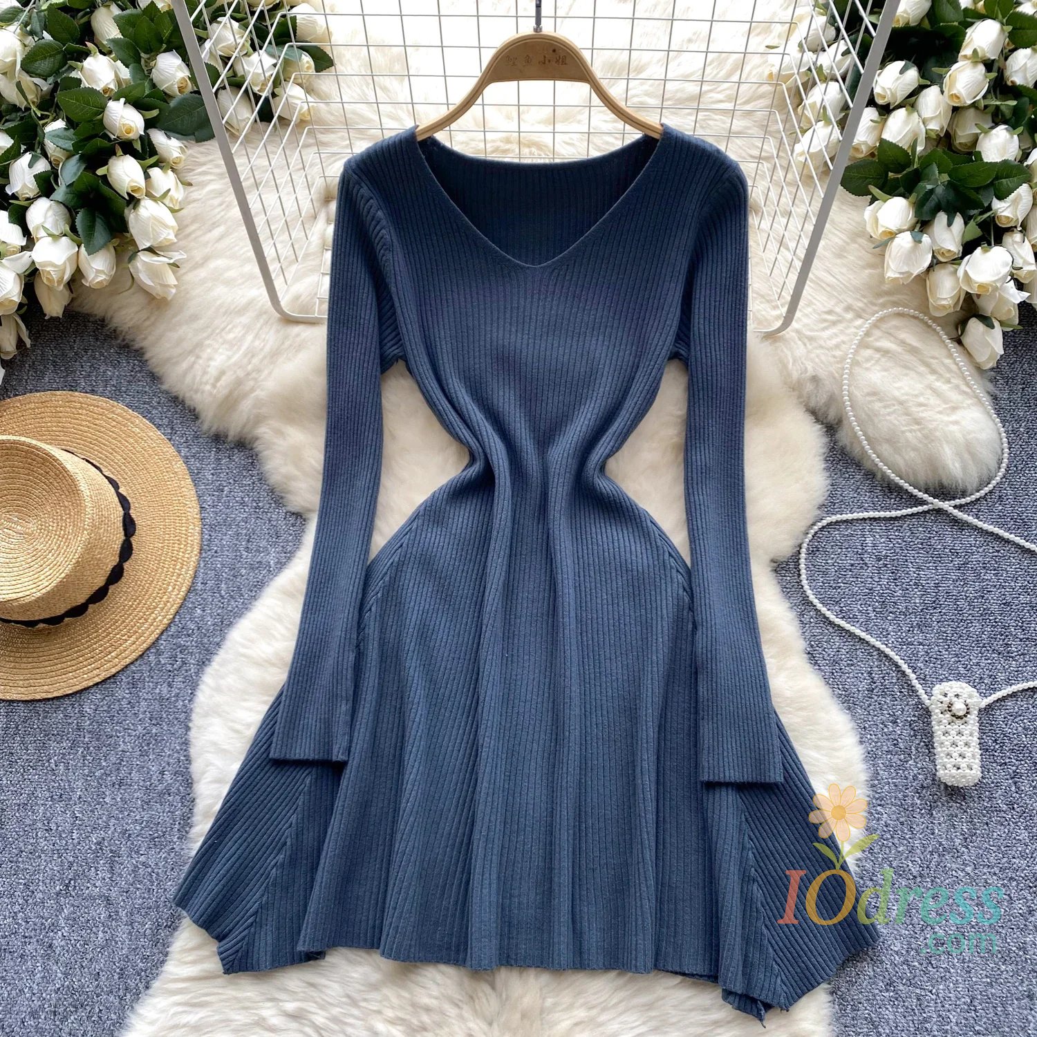 IO Dress basic autumn winter V Neck short aline thick sweater dress elegant knit dresses women slim mini dress Female knit sexy dress