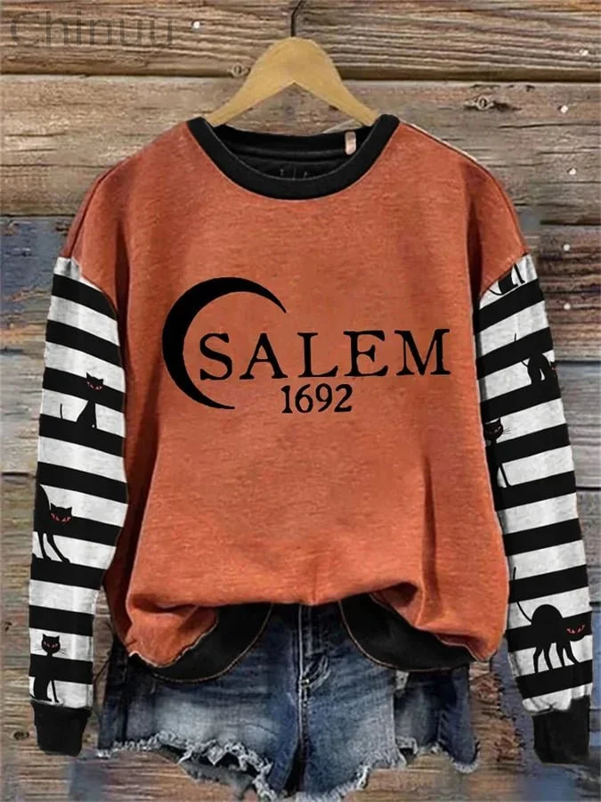 Women's Salem 1692 Black Cat Stripe Contrast Print Crew Neck Sweatshirt 