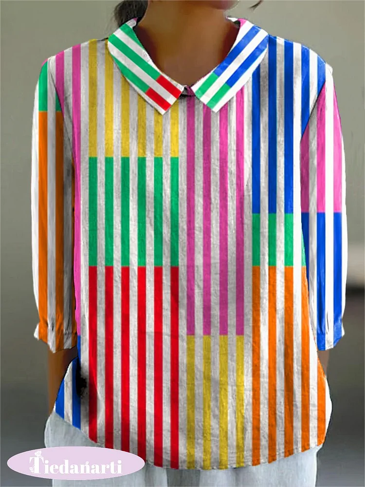 Colorful Geometric Strip Pattern Printed Women's Casual Cotton And Linen 3/4 Sleeve Shirt