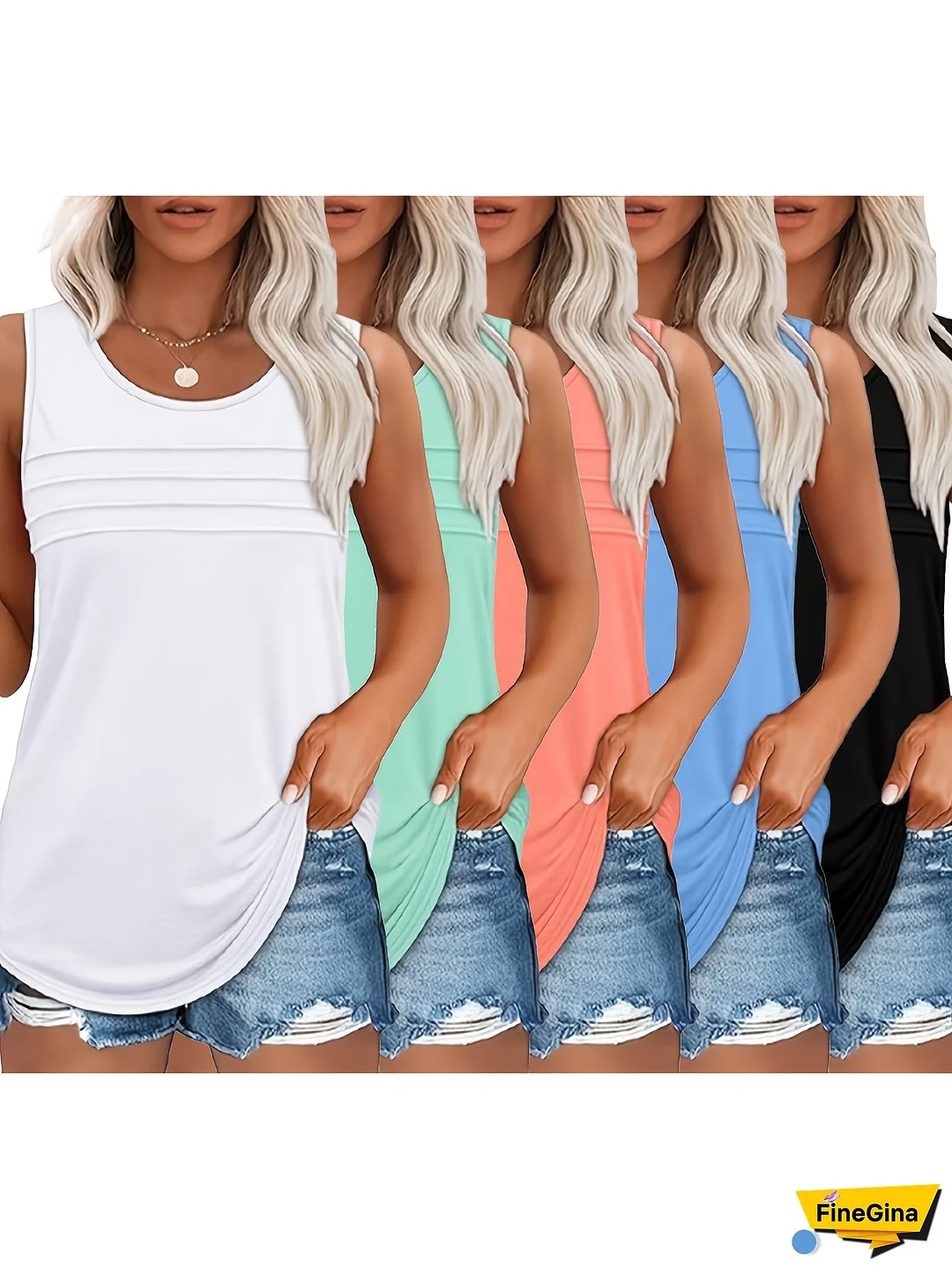 [2025 Spring Fashion] 2025 Spring/Summer Five-Piece Set European And American Style Women's Fashion Pleated Vest Round Neck Sleeveless Casual Tank Top