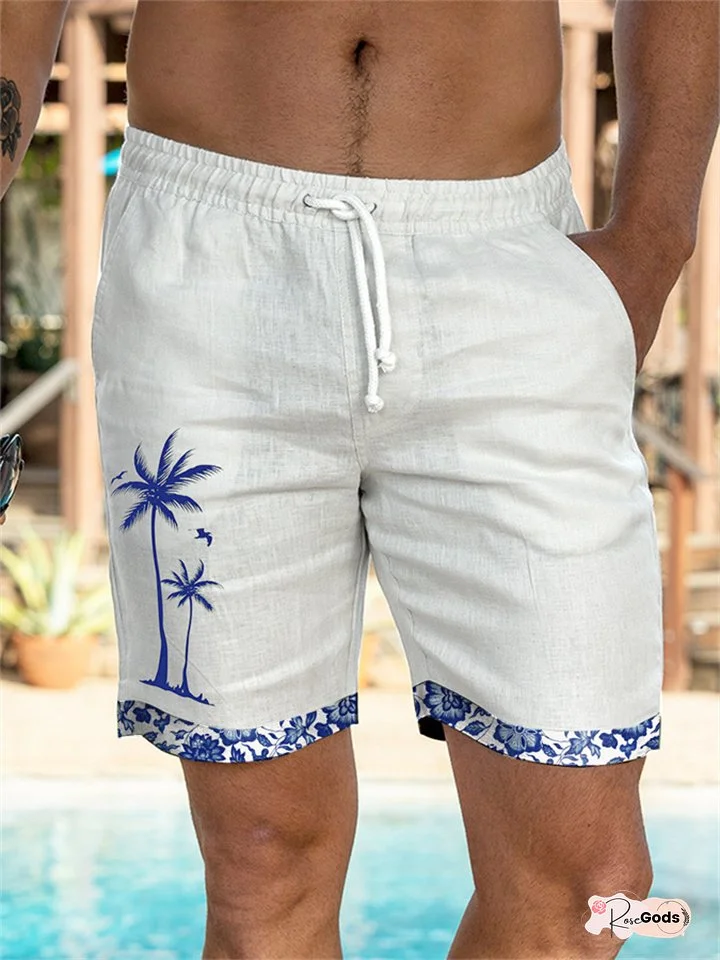 Men's Shorts Summer Shorts Beach Shorts Pocket Drawstring Elastic Waist Coconut Tree Patchwork Comfort Breathable Short Casual Daily Holiday Sports Fashion White Sky Blue