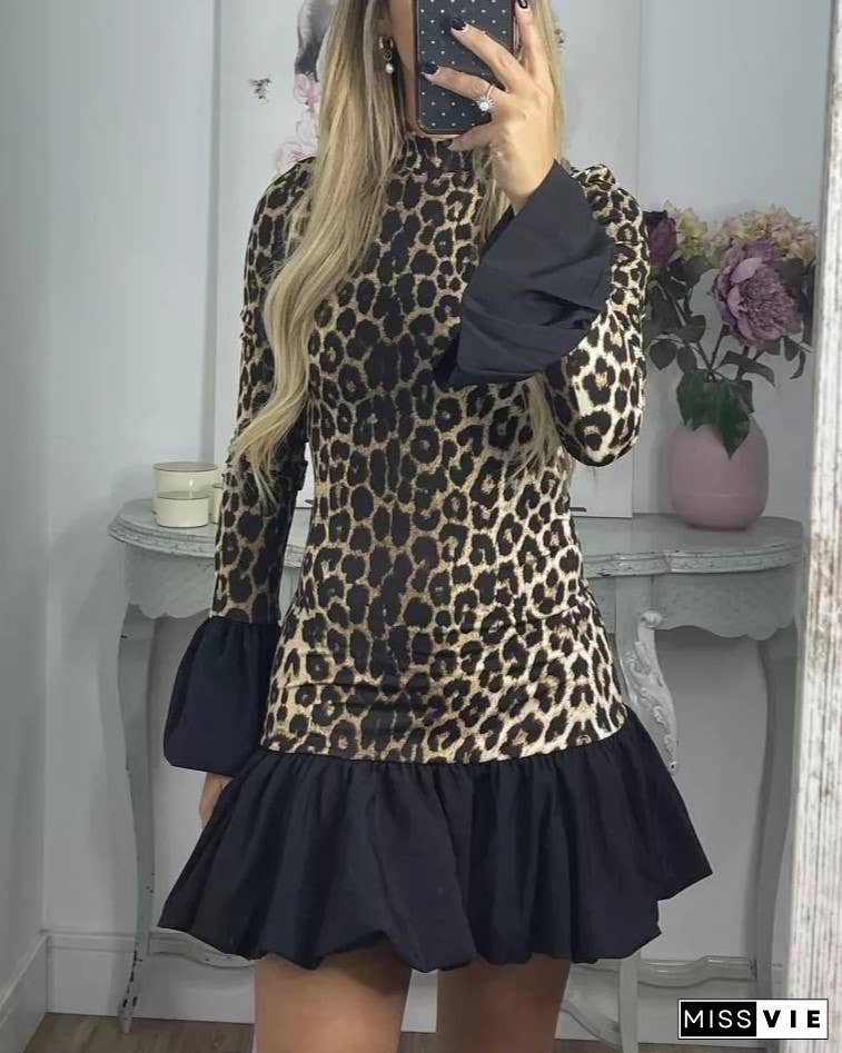 Leopard Print Panelled Flared Sleeve Slim Mini Dress