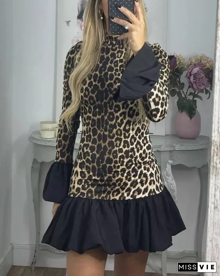 Leopard Print Panelled Flared Sleeve Slim Mini Dress