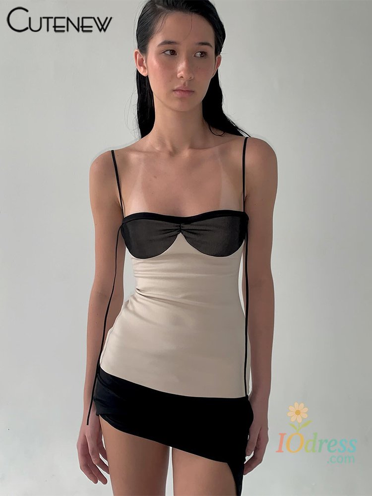 IO Dress Nibber Patchwork Panelled Women Mini Dress Concise Tassel Wrapped Chest Irregular Backless Super-Short Vestido Trend Streetwear