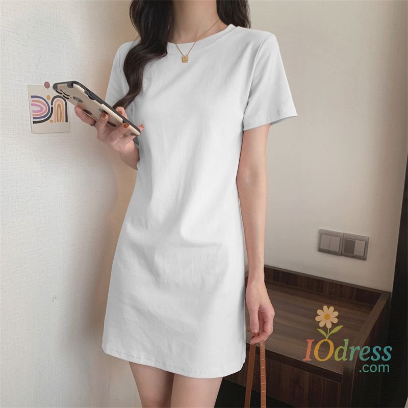 IO Dress Temperament Pure Cotton Short-sleeved Dress for Women Summer New Small Person Age-reducing Versatile Base T-shirt Straight Skirt