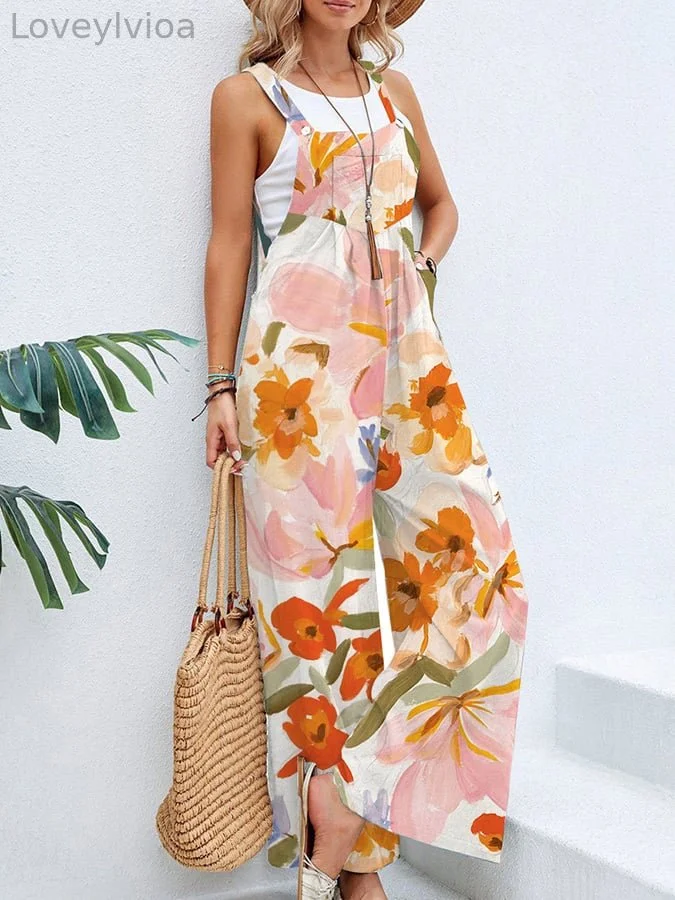 Women's Artistic Floral Casual Cotton And Linen Jumpsuit