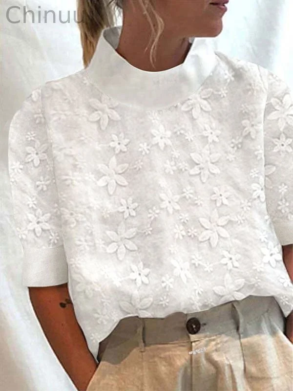 Women's Cotton Linen Lace Lapel Button Down Short Sleeve Shirt