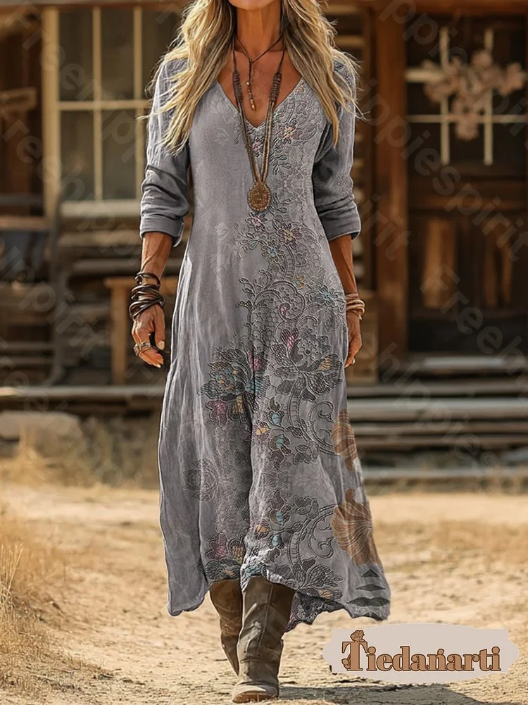 Women's Vintage Ethnic Floral Print Artistic Pocket Cotton Dress