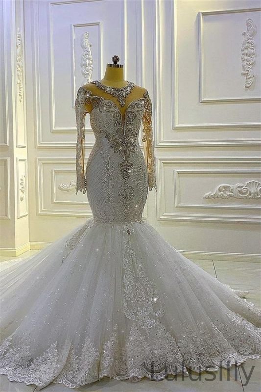 New Arrival Long Sleeves Mermaid Wedding Dress Beadings With Appliques - lulusllly