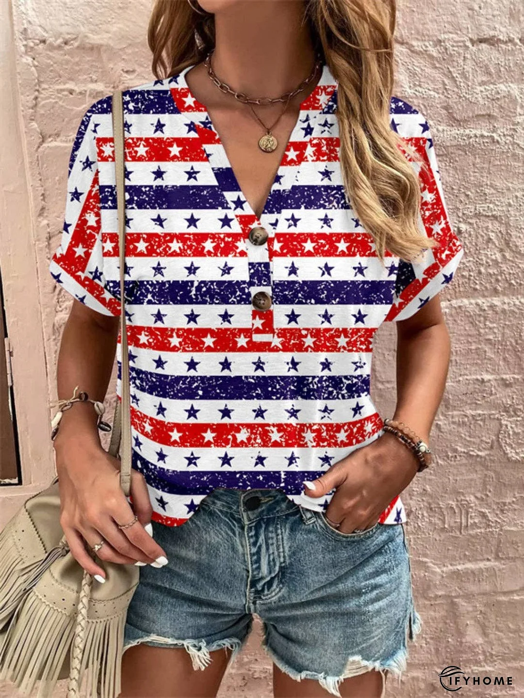 Full Size Printed Notched Short Sleeve Blouse | IFYHOME
