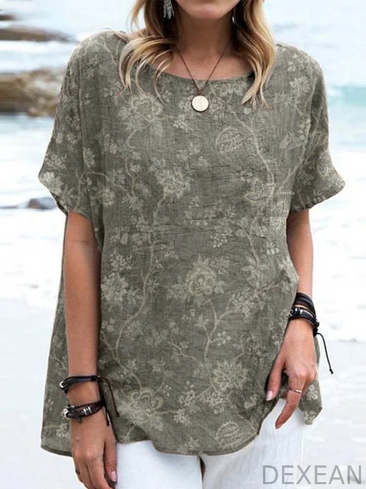 Women's Elegant Simple Decorative Floral Print Cotton And Linen Top