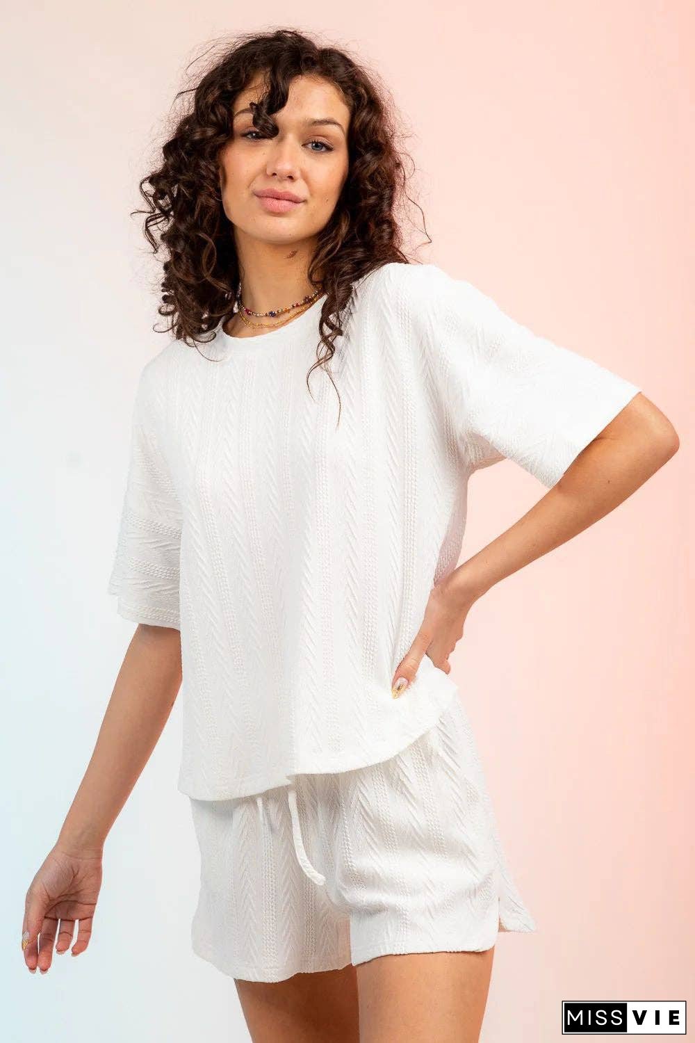 Textured Round Neck Top and Shorts Set